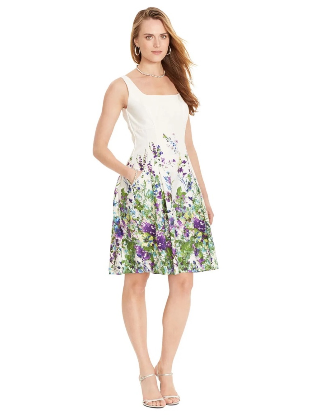 Lauren Ralph Lauren White & Green Floral Print Midi Dress